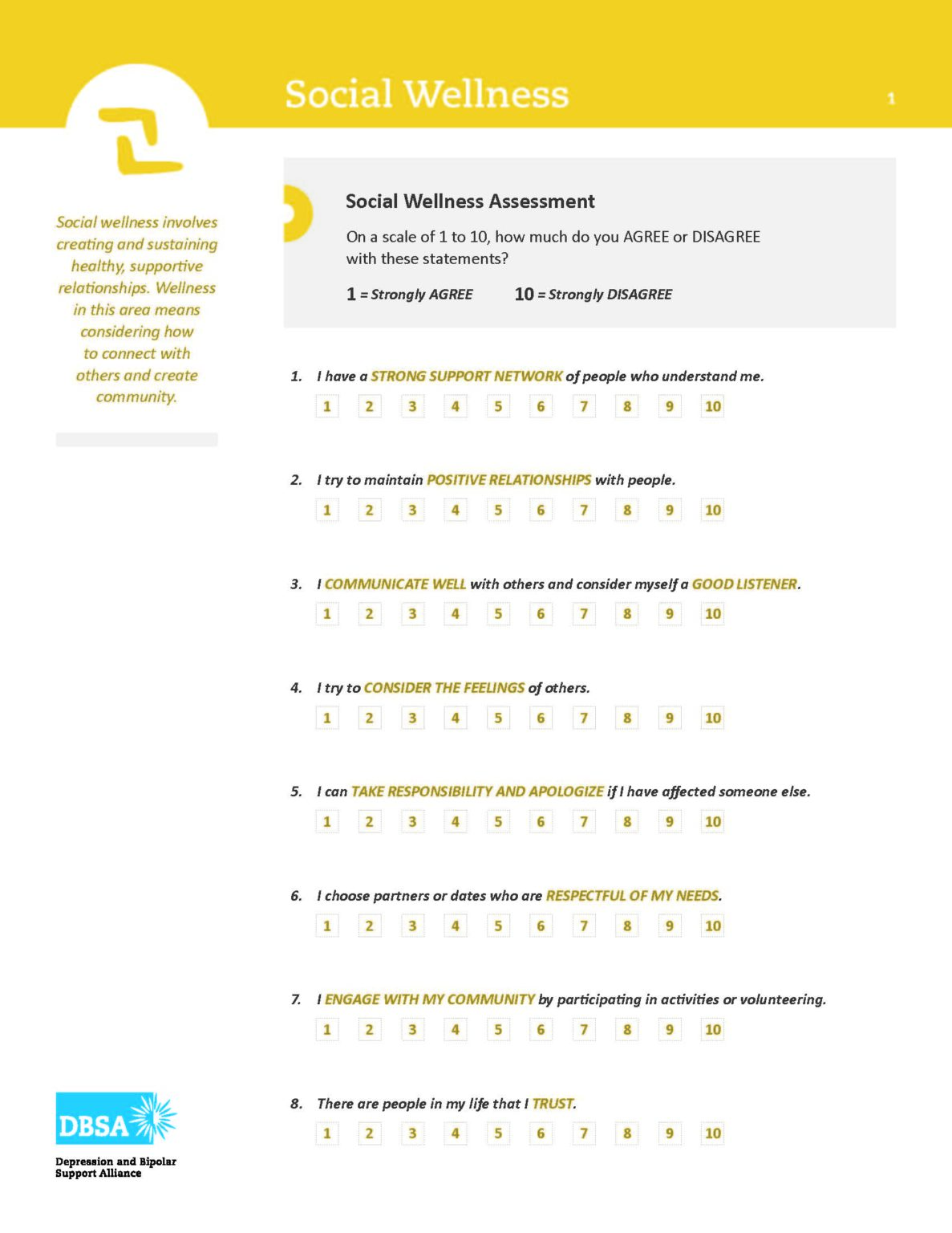 DBSA Wellness Wheel: Your Social Wellness